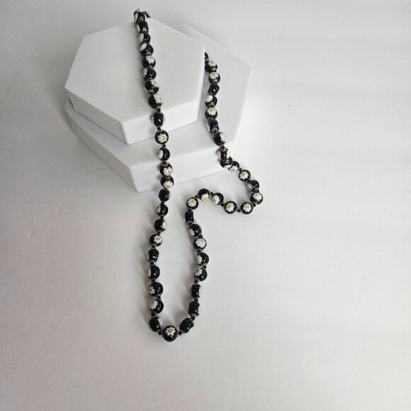 Millefiori Style Glass Bead Necklace – Black with Daisy Floral Beads – 12” Vtg - Picture 1 of 8